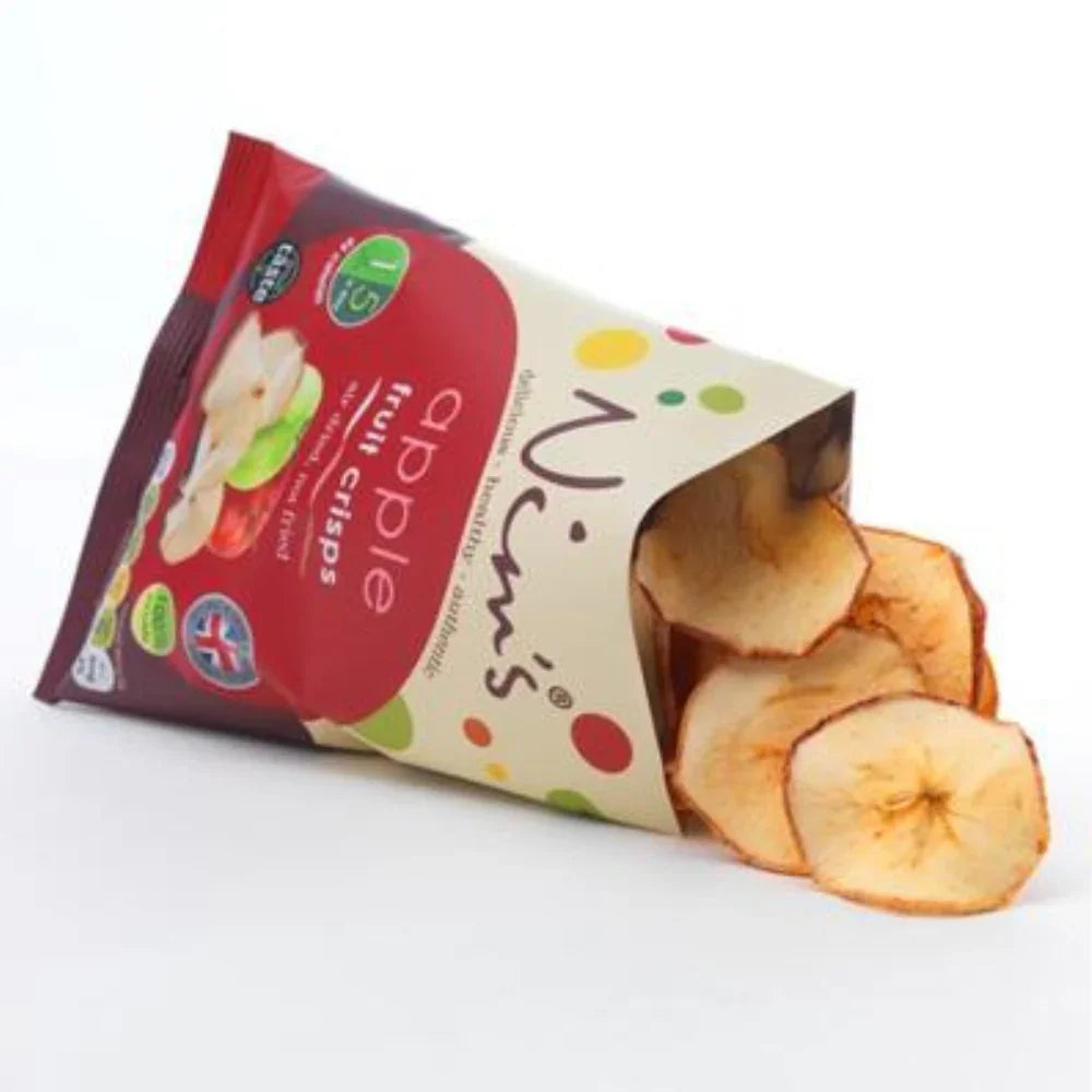 Nim's Naturally apple fruit crisps, air-dried apple slices from whole fruit in packaging.