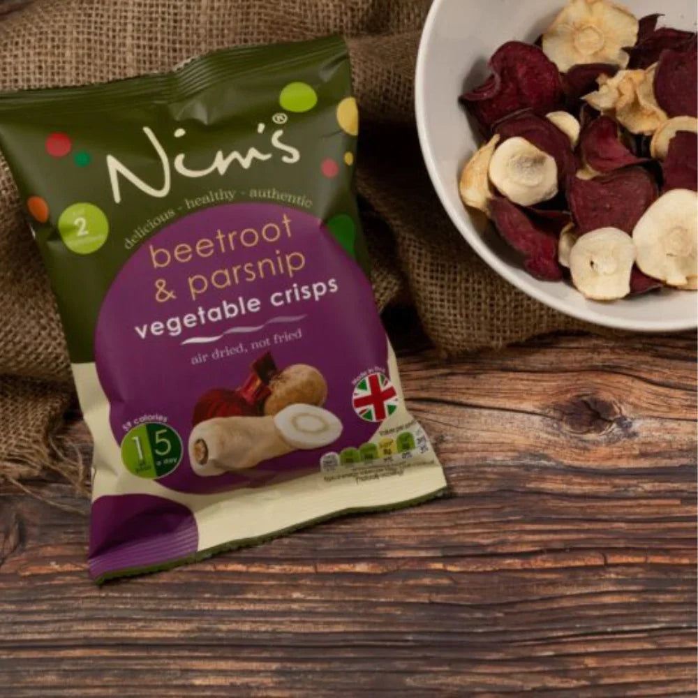 Nim's Naturally beetroot and parsnip air-dried vegetable crisps in a bag and bowl