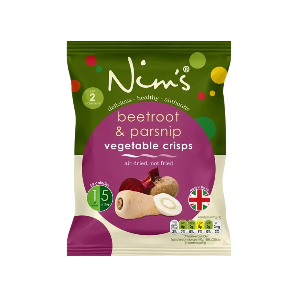 Nim's Naturally beetroot and parsnip air-dried vegetable crisps, whole veg snack pack