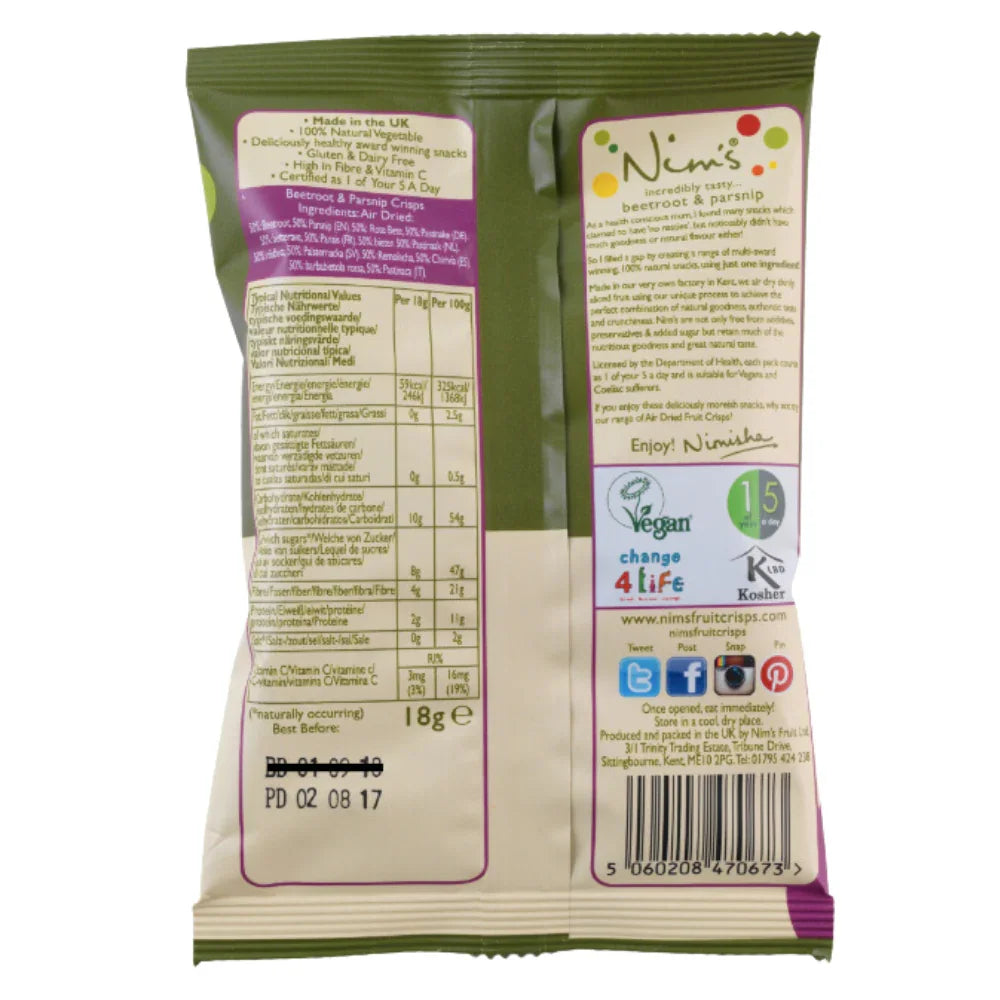 Nim's air-dried beetroot and parsnip crisps, vegan snack, back of pack with nutrition info