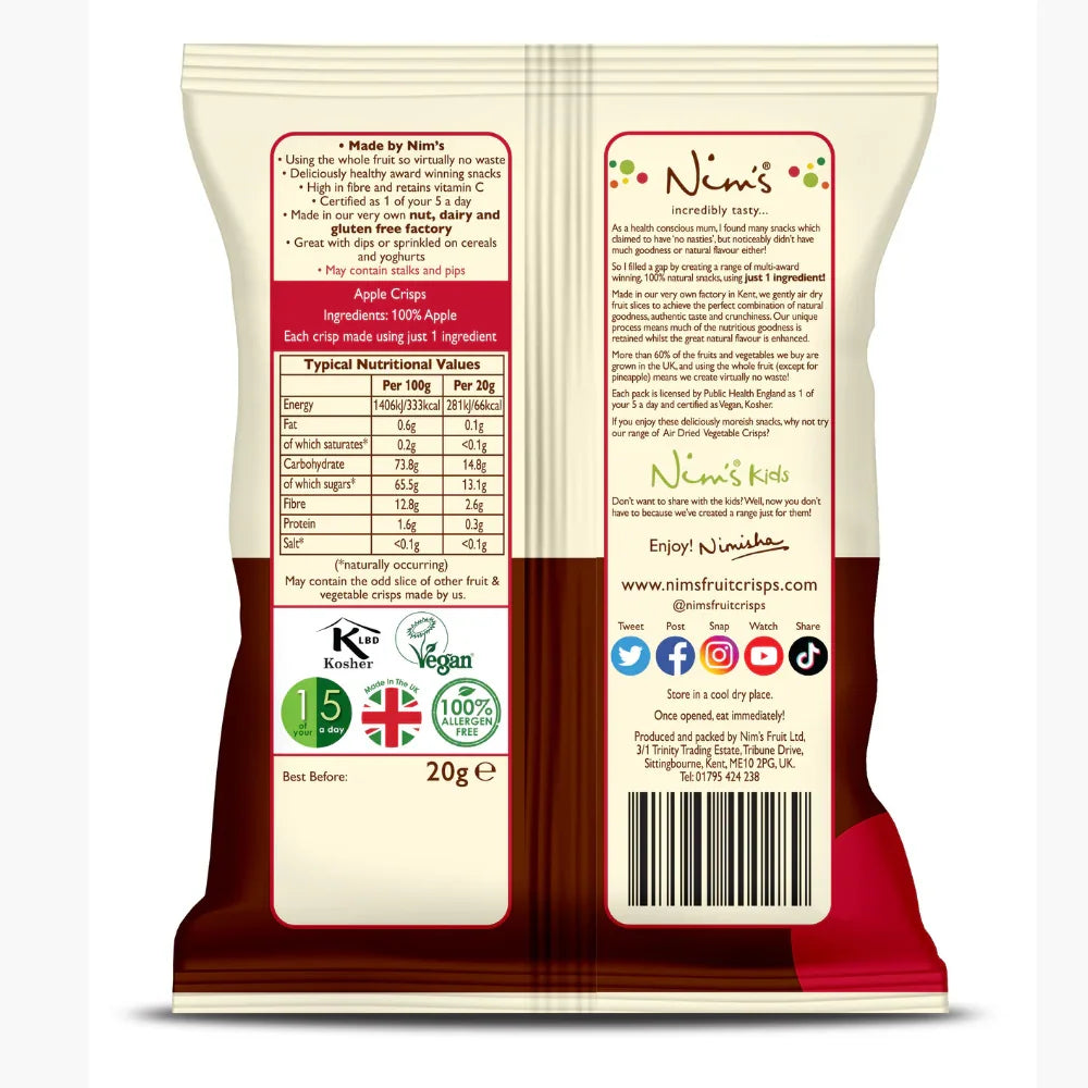 Back of Nim's ...Naturally Dried Apple Crisps pack showing nutrition facts and ingredients, air-dried from whole apples.