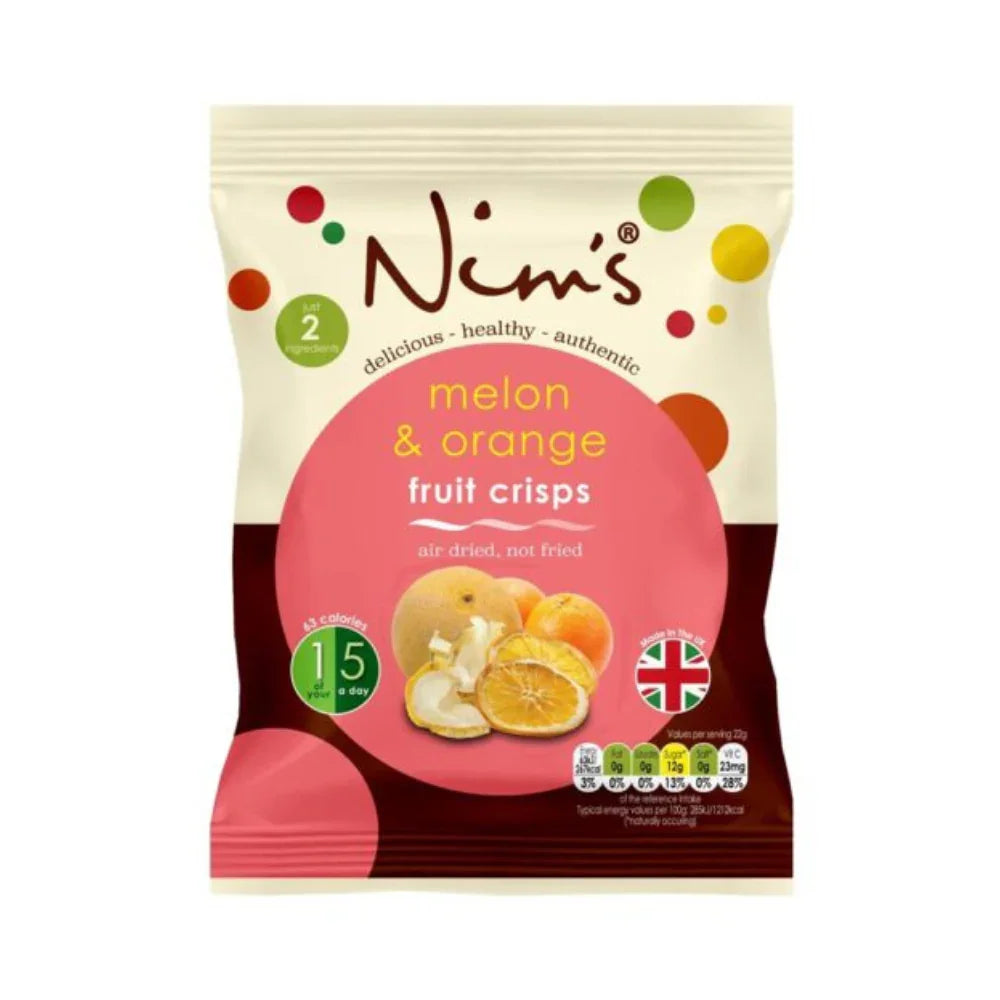 Nim's ...Naturally melon and orange air-dried fruit crisps in branded packaging.