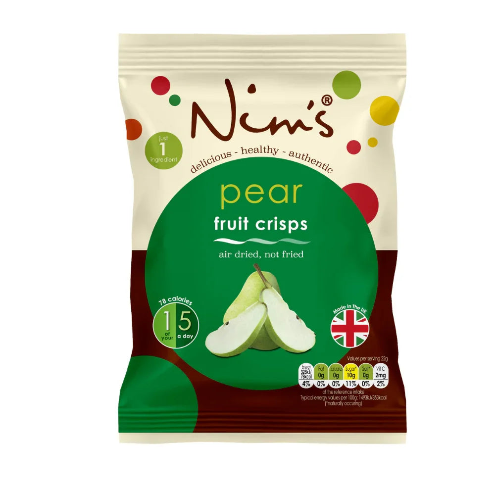 Nim's ...Naturally pear fruit crisps air-dried from whole pears, vegan snack packaging.