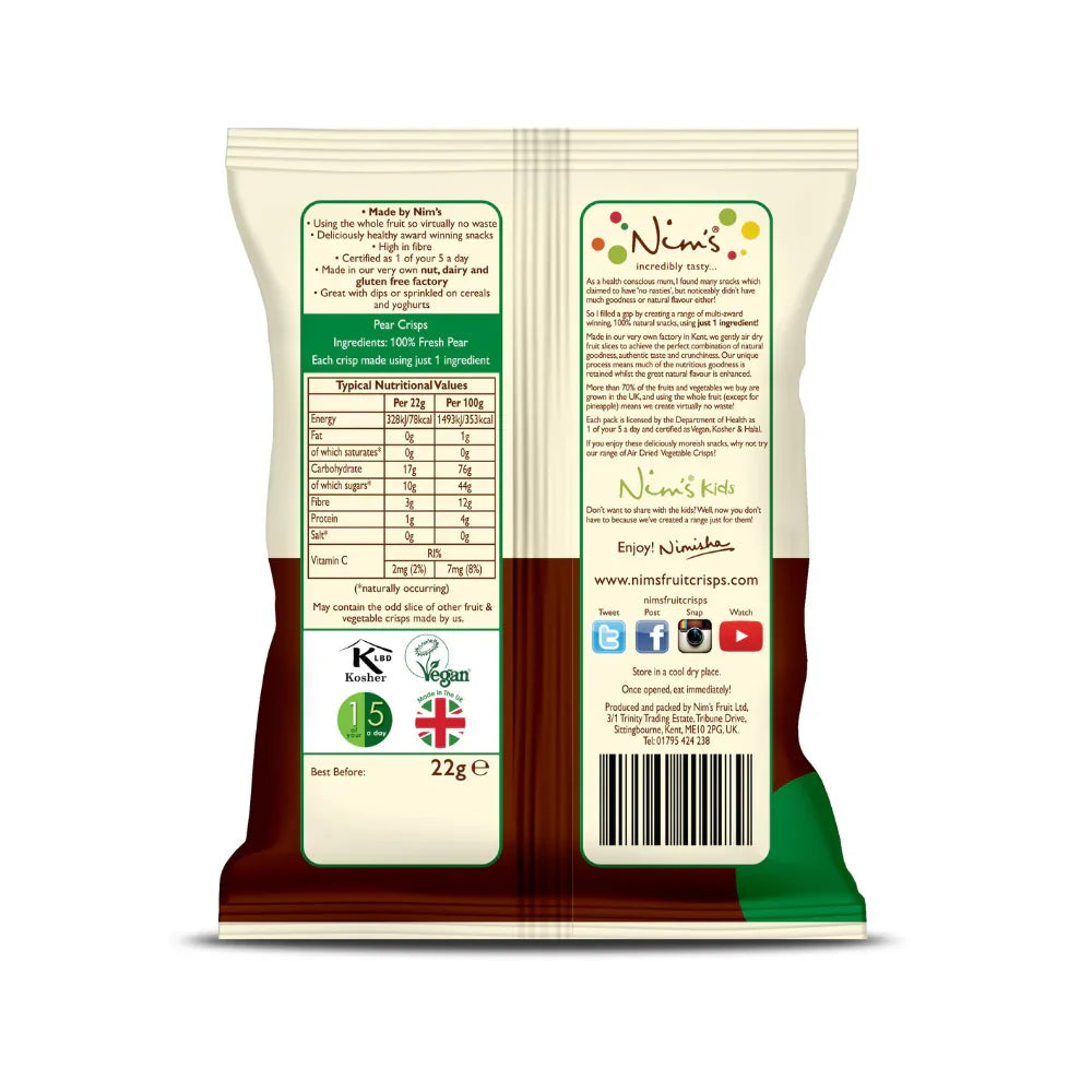 Back of Nim's ...Naturally Pear Crisps pack, showing vegan, air-dried whole fruit snack details