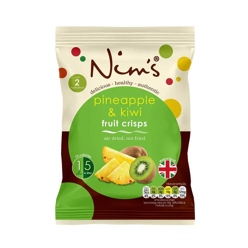Nim's Naturally pineapple and kiwi air-dried fruit crisps in a branded snack pack