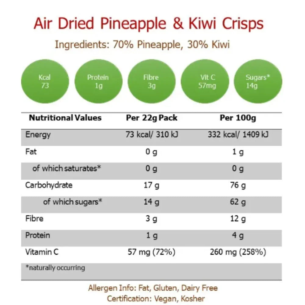 Nim's ...Naturally air-dried pineapple and kiwi crisps, vegan, whole fruit, nutrition facts.