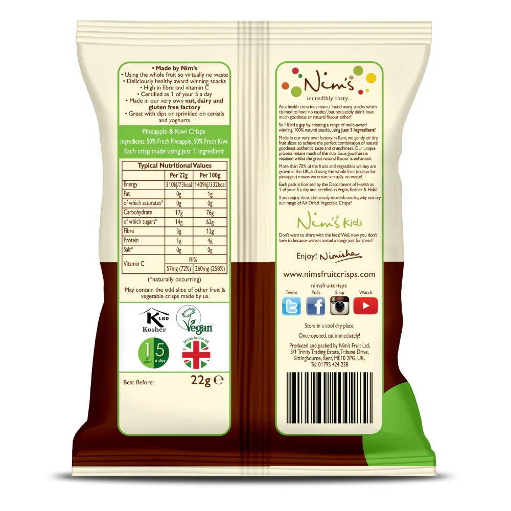 Back of Nim's ...Naturally Pineapple & Kiwi Crisps pack showing air-dried whole fruit snack details.