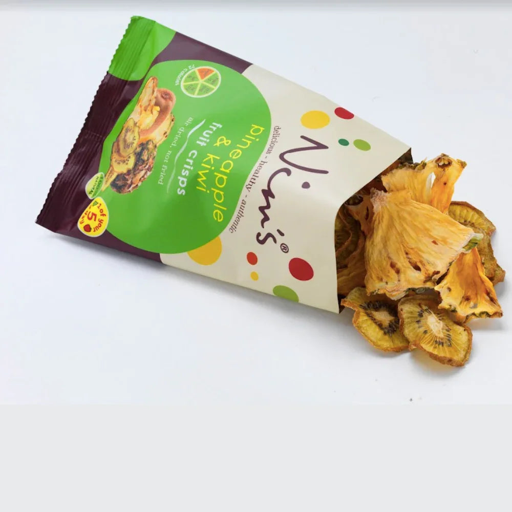 Nim's Naturally pineapple and kiwi air-dried crisps spilling from vibrant packet