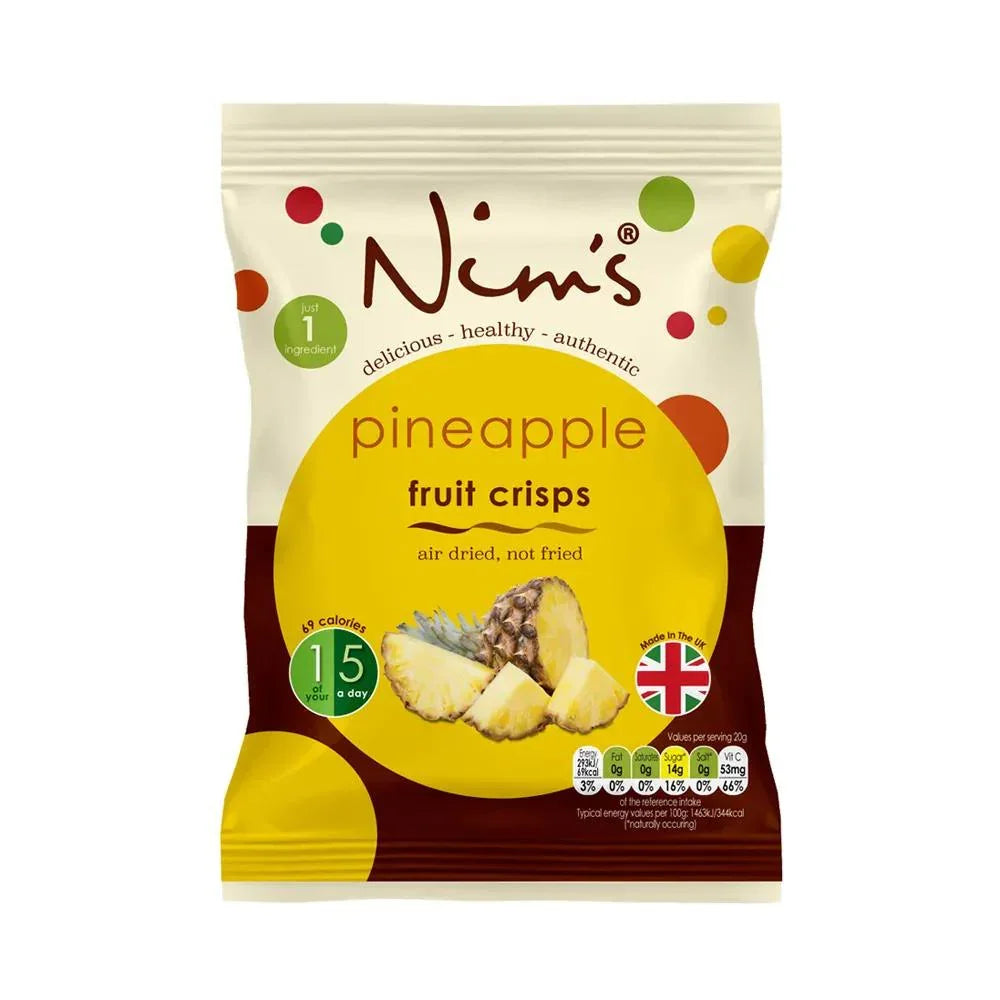Nim's Naturally Pineapple fruit crisps, air-dried from whole fruit in branded pack