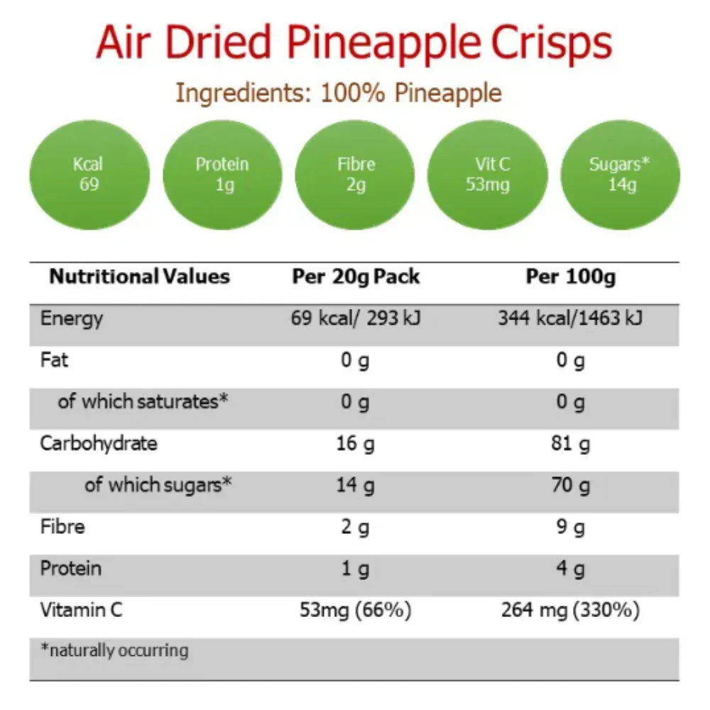 Air-dried pineapple crisps with nutritional facts, made from whole fruit, allergen free.