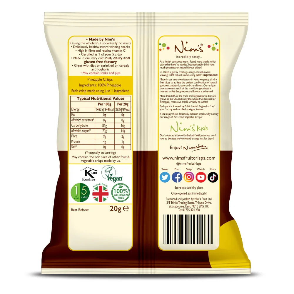 Back of Nim's Naturally Pineapple Crisps pack showing air-dried whole fruit ingredients.
