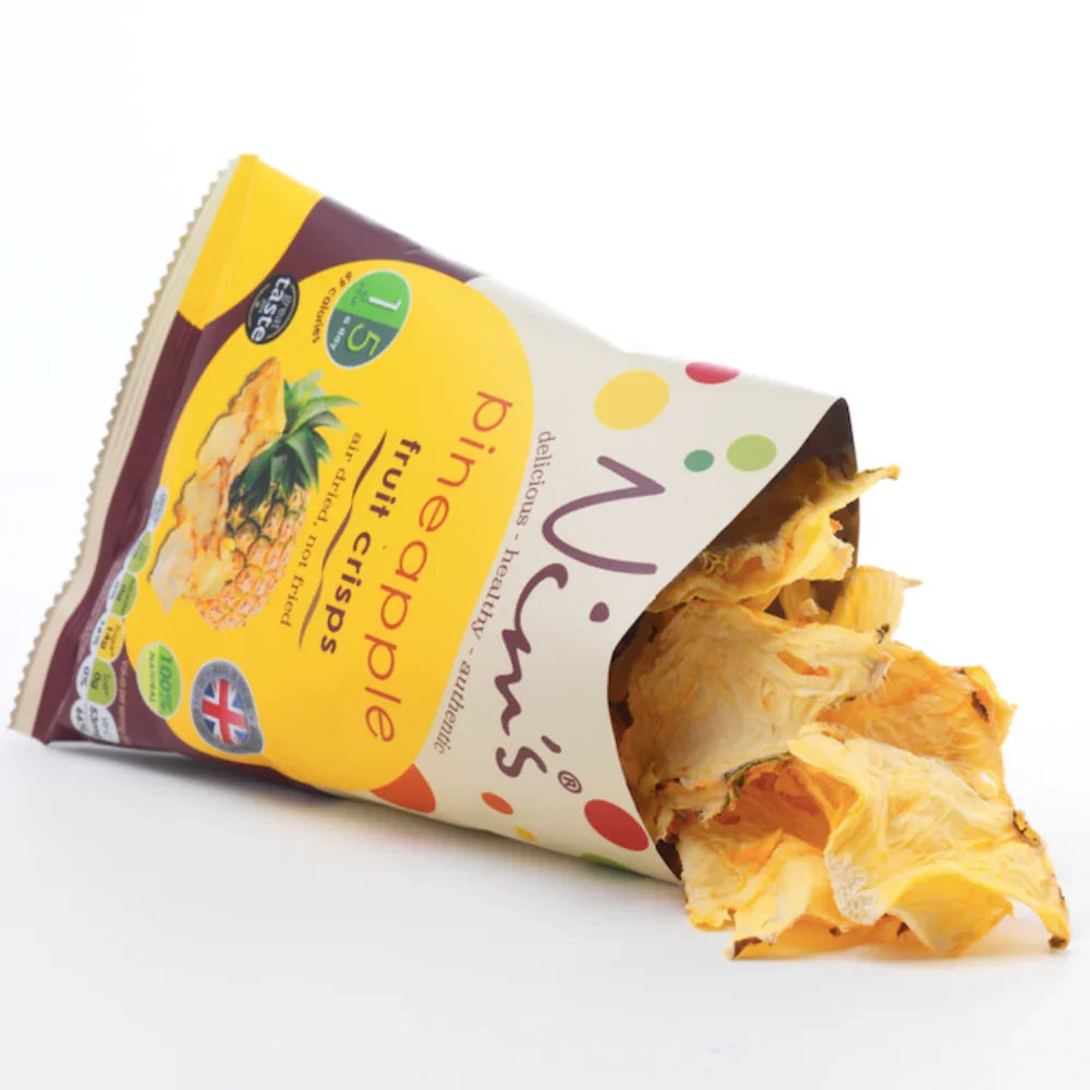 Nim's pineapple fruit crisps air-dried from whole pineapple, vegan snack spilling from pack