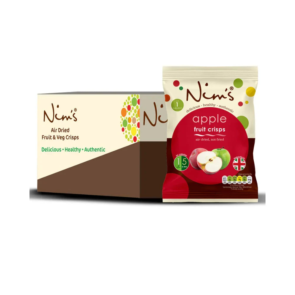 Nim's Naturally apple fruit crisps, air-dried from whole apples, product packaging front.