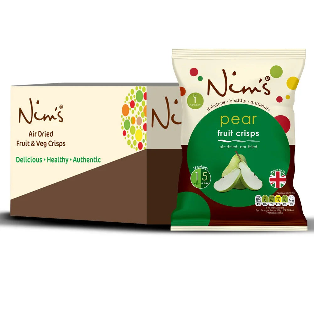 Nim's pear fruit crisps pack, air-dried from whole fruit, next to branded box