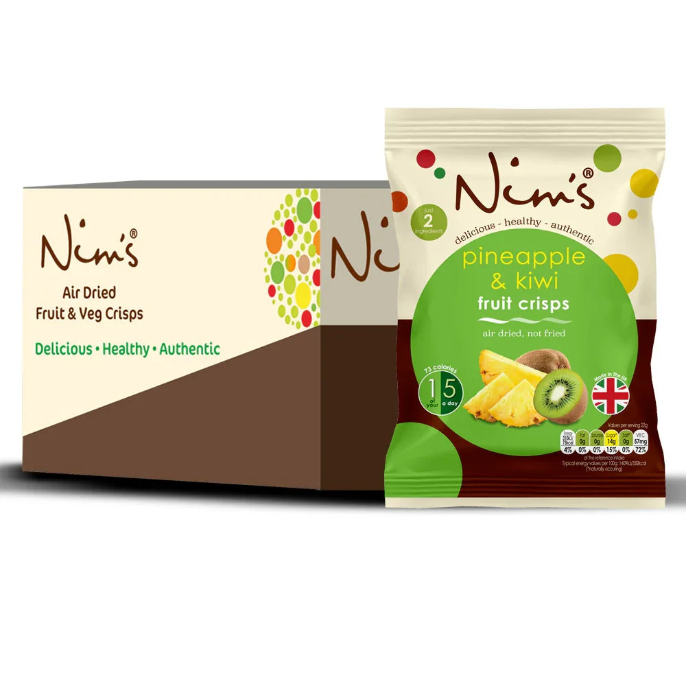 Nim's Naturally pineapple & kiwi air-dried fruit crisps pack with a branded box