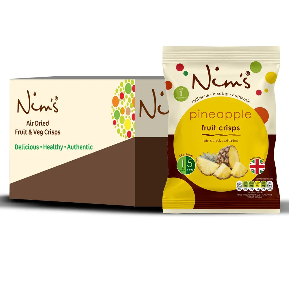 Nim's pineapple fruit crisps in yellow air-dried whole fruit snack pack, box in background