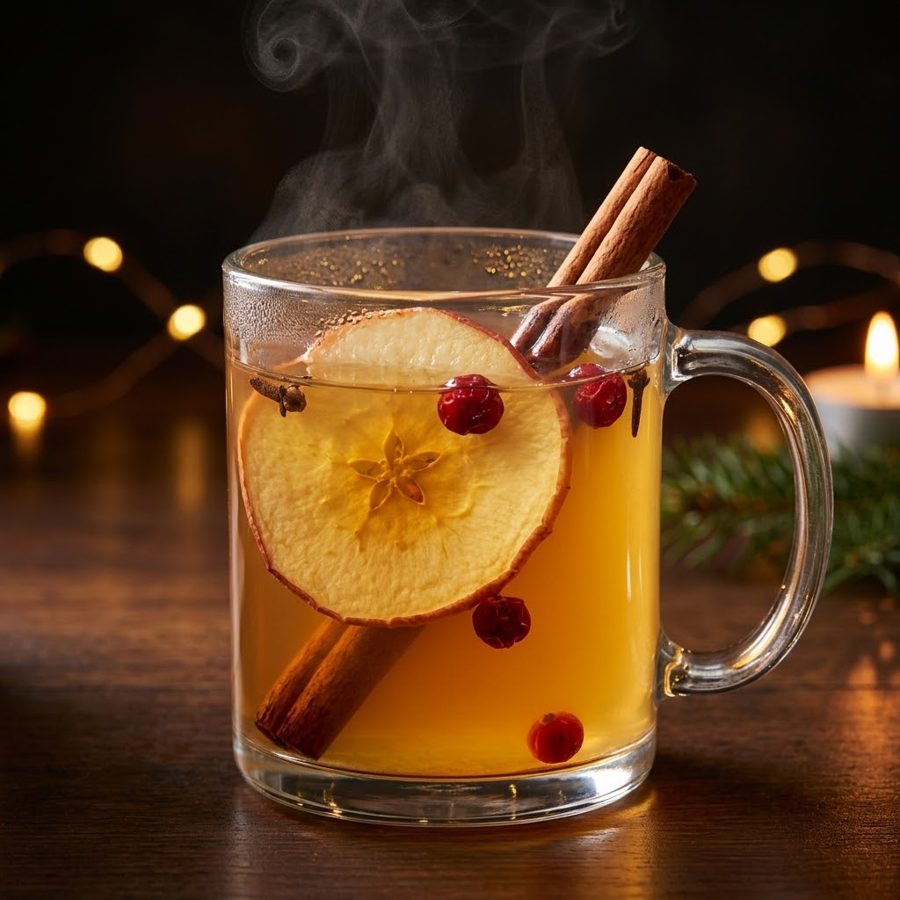 Mug of hot spiced apple with a dried apple slice and cinnamon