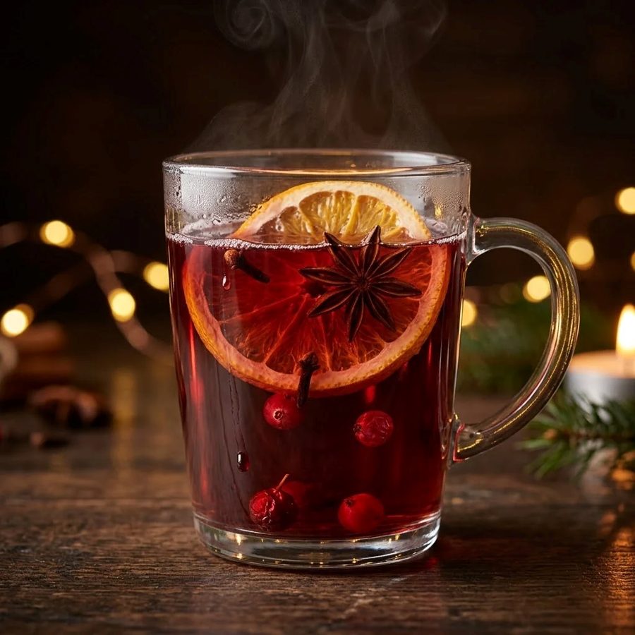 Glass of mulled wine with a dried orange slice, star anise and cranberries